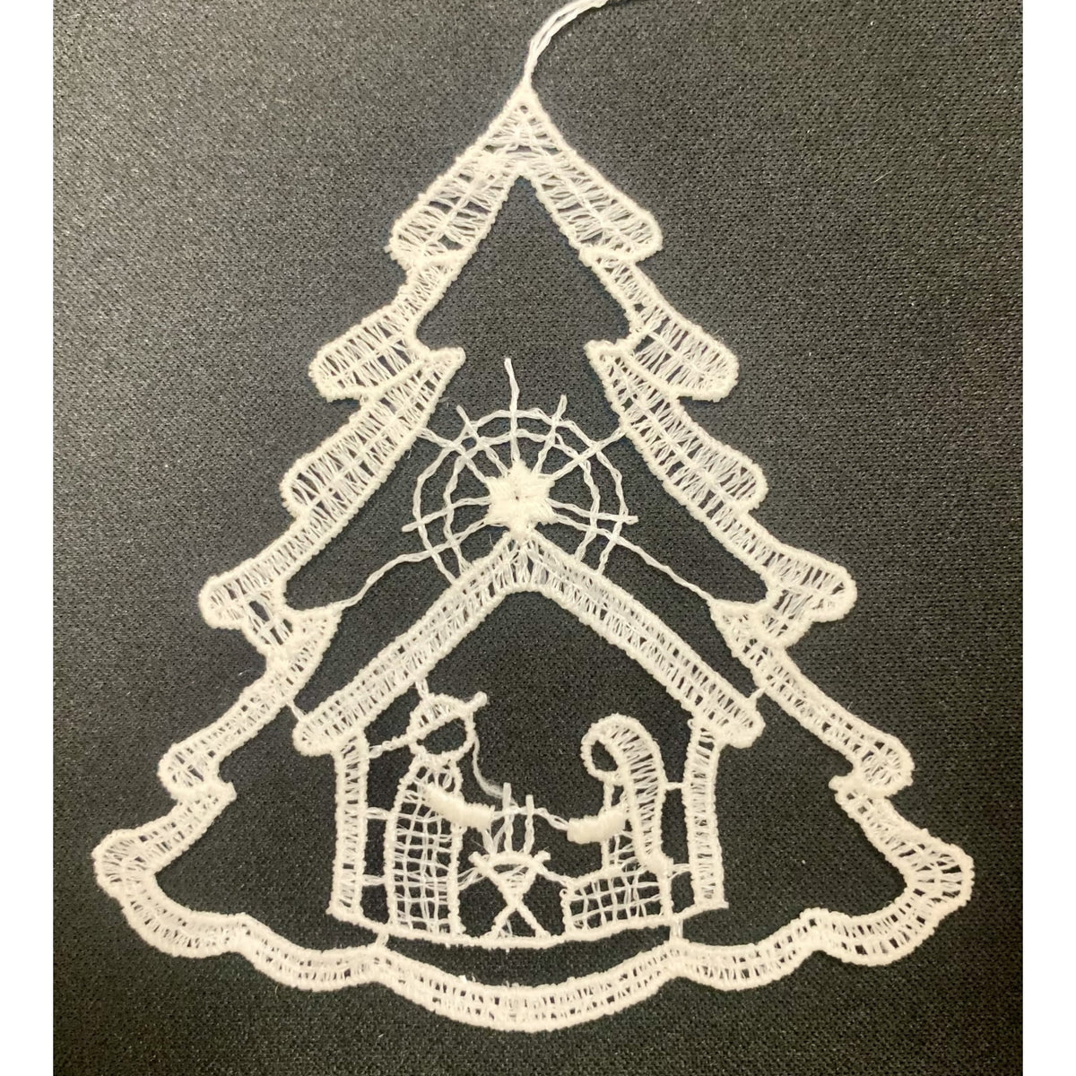 Pinnacle Peak Trading Nativity Scene Inside Christmas Tree White Lace Hanging Ornament Set of 6