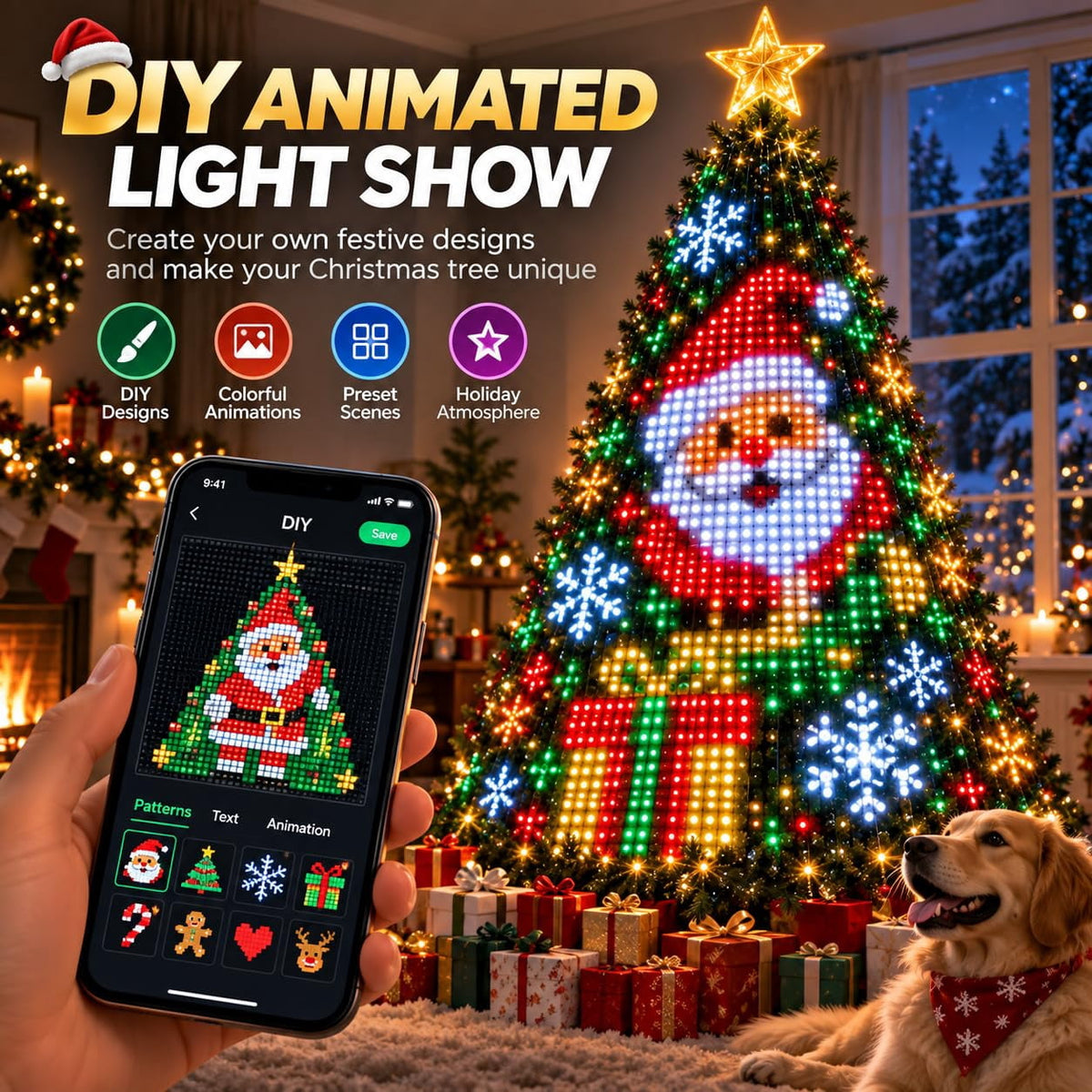 Smart Animated Christmas Tree Lights,Animated Christmas Tree Lights Create Colorful DIY Patterns, Text, And Effects from Your Phone for Trees, Windows, And Walls