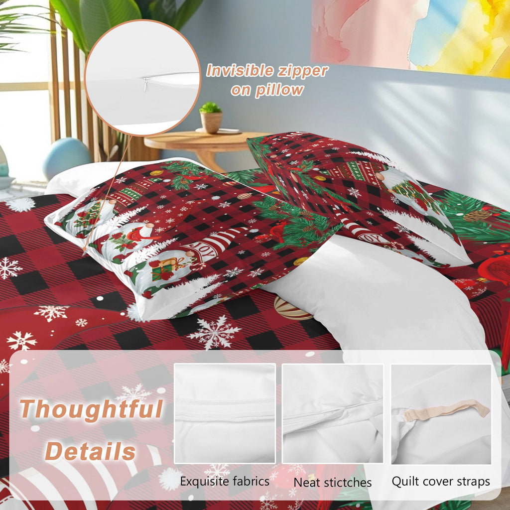 Christmas Snowman Bedding Duvet Cover Set Twin Size 4 Pieces Pine Christmas Tree Snowflakes Red Plaid Bedding Set with Zipper Closure, 1 Comforter Cover 68x90 Inches 1 Flat Sheet & 2 Pillow Cases