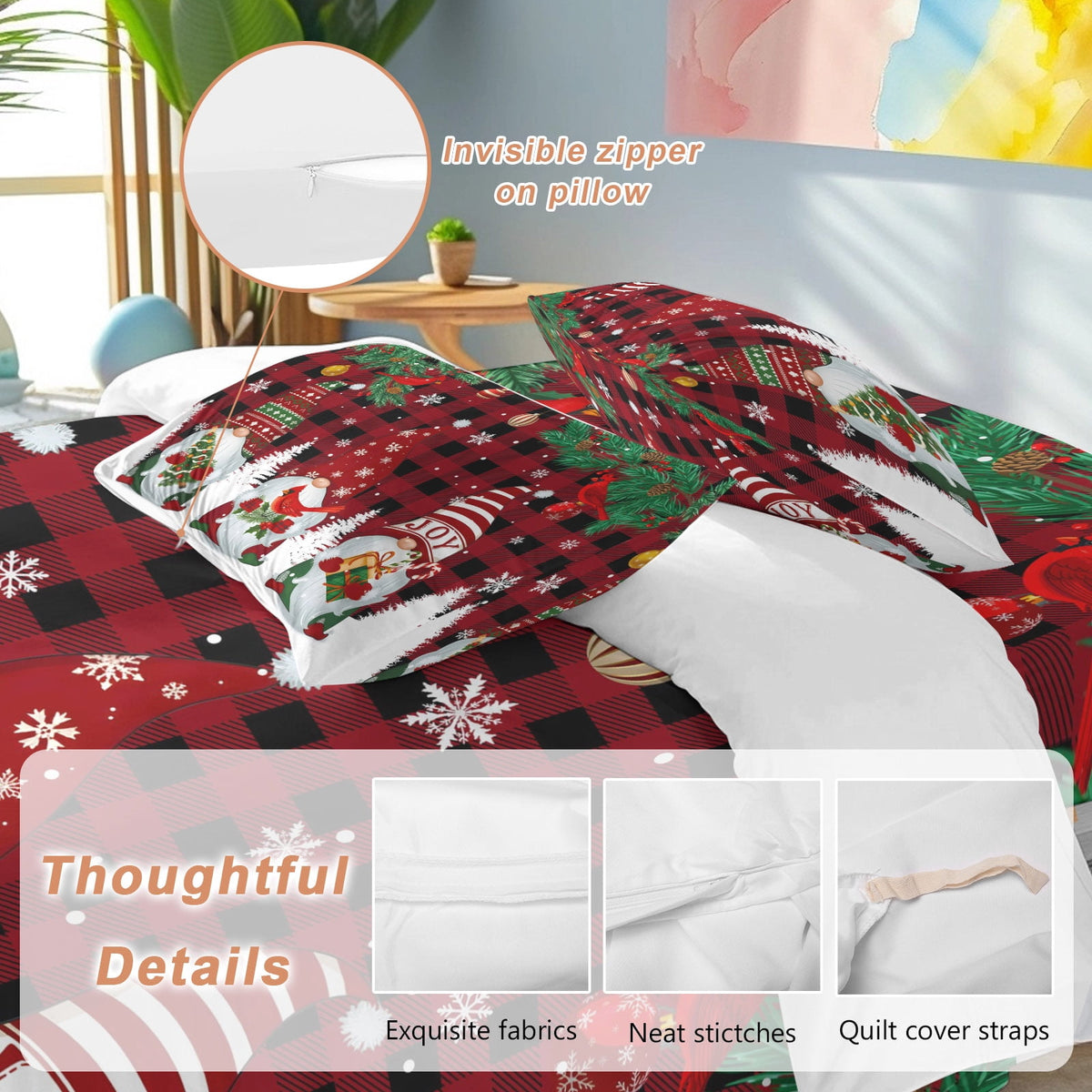 Christmas Snowman Bedding Duvet Cover Set Twin Size 4 Pieces Pine Christmas Tree Snowflakes Red Plaid Bedding Set with Zipper Closure, 1 Comforter Cover 68x90 Inches 1 Flat Sheet & 2 Pillow Cases