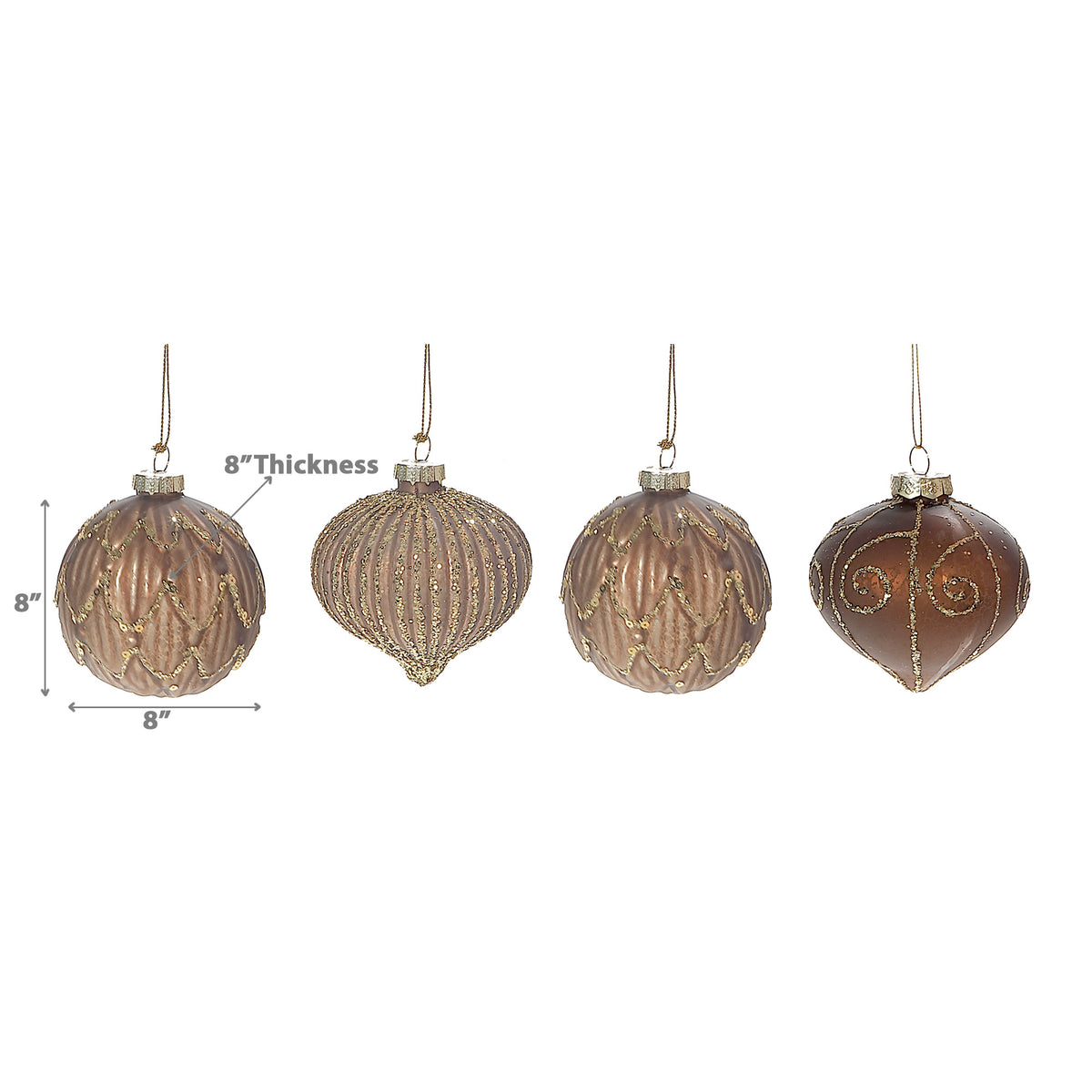 Maison Concepts Xmas Ornaments Brown Glass Ornament With Gold Glitter - Set of 12 - 8 L x 8 W x 8 H