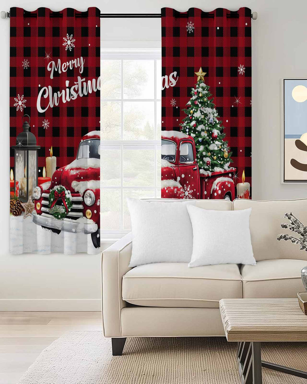 Red Truck Christmas Blackout Curtains 63 Inches Long for Bedroom,Xmas Tree Snowflake Gifts Winter Wooden Thermal Insulated Room Darkening Black Out Window Curtain Panels Grommet Living Room Drapes