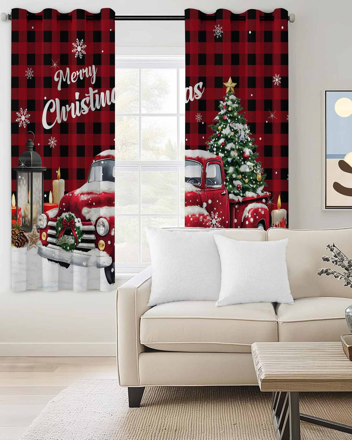 Red Truck Christmas Blackout Curtains 63 Inches Long for Bedroom,Xmas Tree Snowflake Gifts Winter Wooden Thermal Insulated Room Darkening Black Out Window Curtain Panels Grommet Living Room Drapes