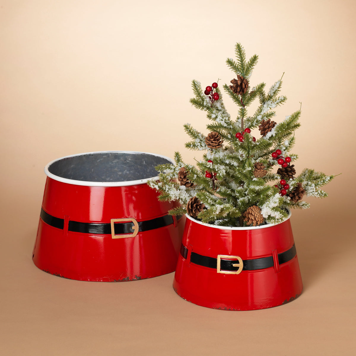 The Gerson Company Set of 2 Nesting Metal Santa Belt Mini Tree Collars - N/A