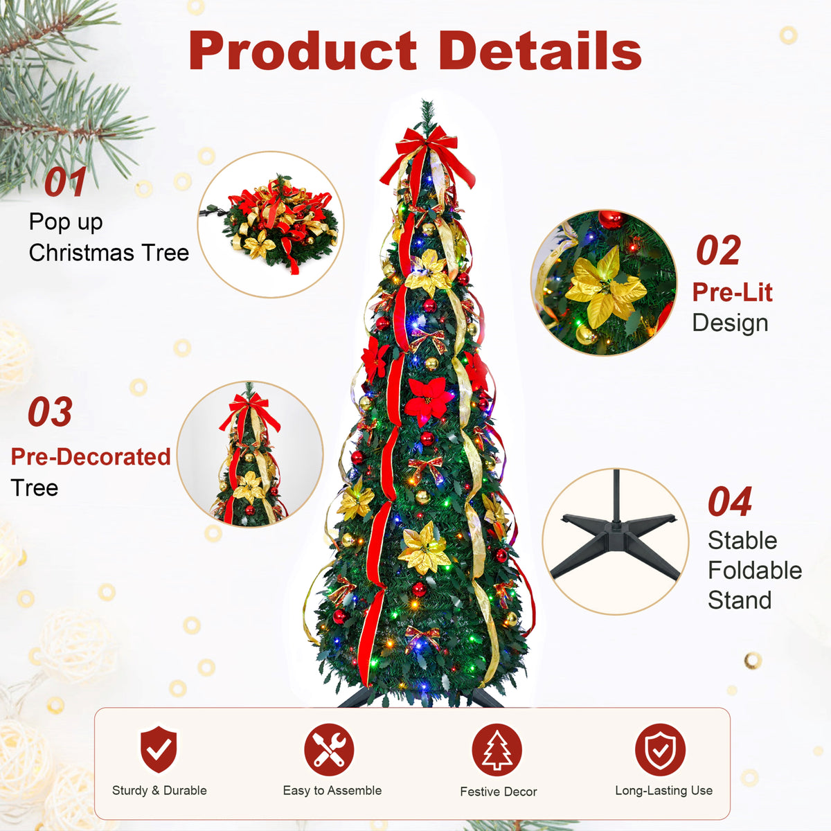 NAPWANT 6ft Pre-Lit Pop-Up Christmas Tree with 200 LED Lights, Pre-Decorated Artificial Xmas Tree with Ornaments, Easy Setup & Foldable Storage