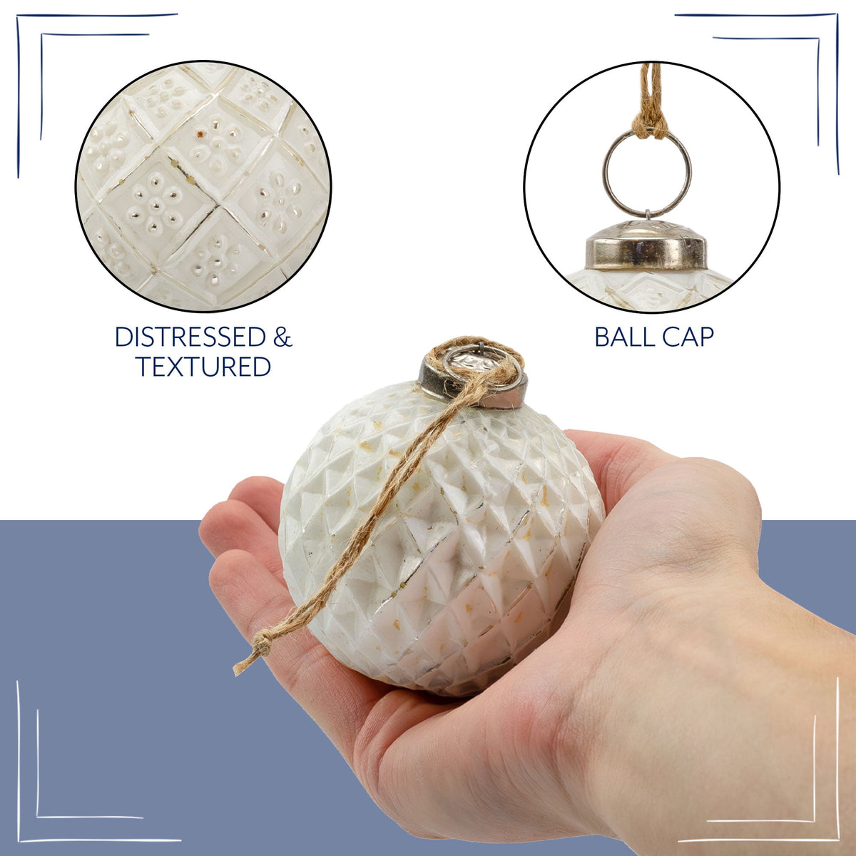 AuldHome Design Farmhouse Ball Ornaments (Set of 6, Gold/Silver); Distressed Metal Glass Ball Vintage Style Christmas Decorations