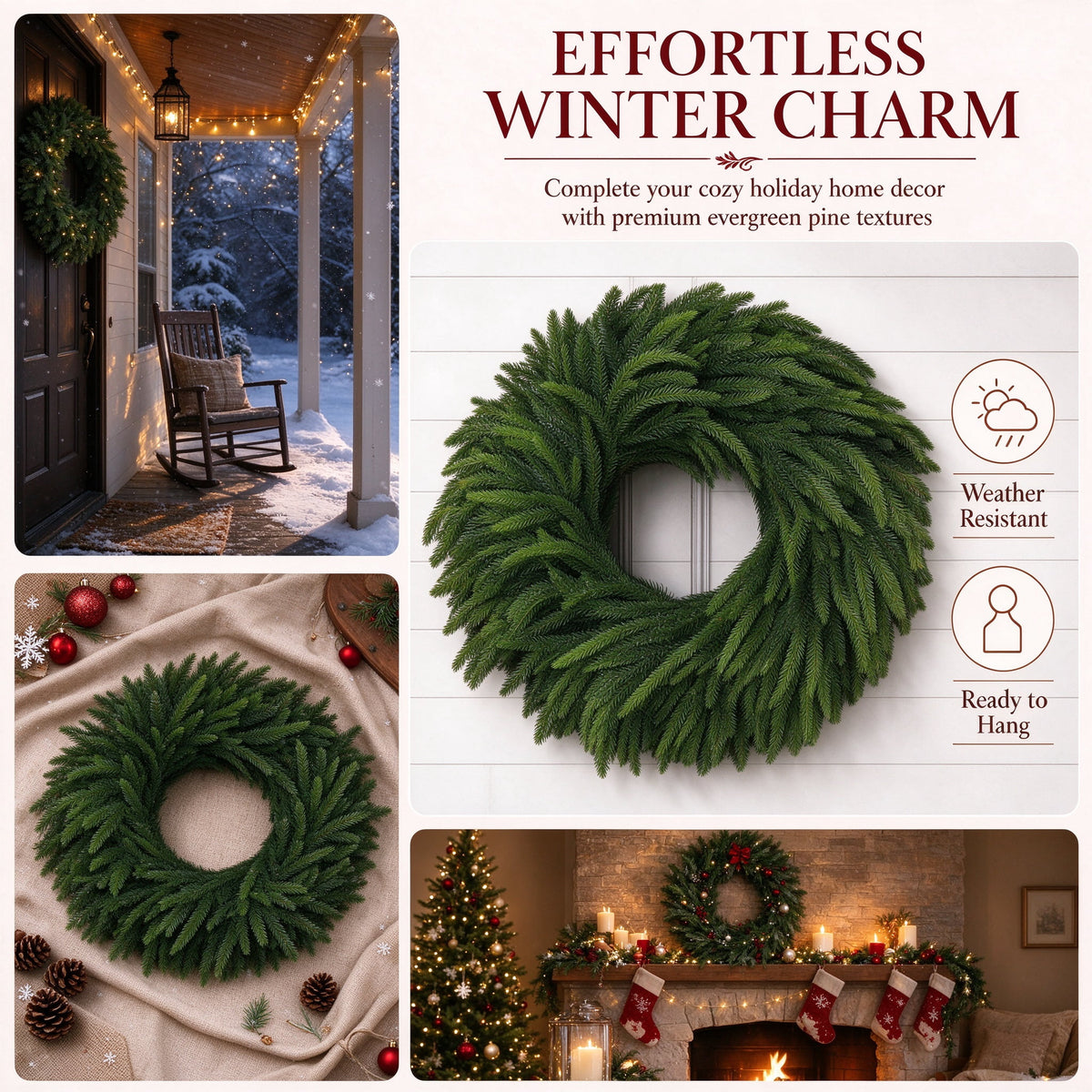 19.68in Christmas Norfolk Pine Wreath for Front Door - Artificial Greenery Wreath, Full Green Branches, All Season for Wall Porch Indoor Outdoor Decor