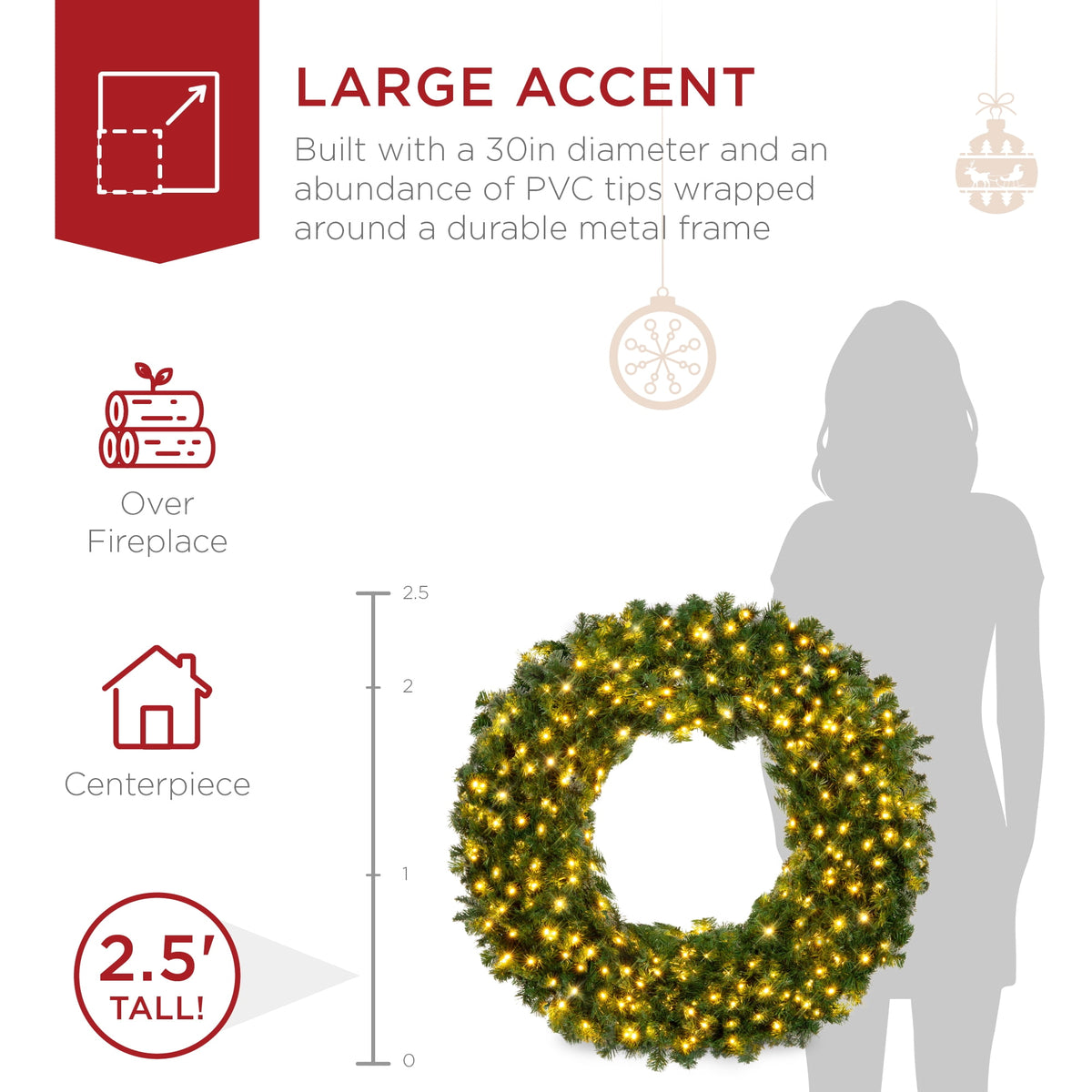 Best Choice Products 48in Artificial Pre-Lit Fir Christmas Wreath Decoration w/ 250 LED Lights, 714 Tips, Power Plug-In