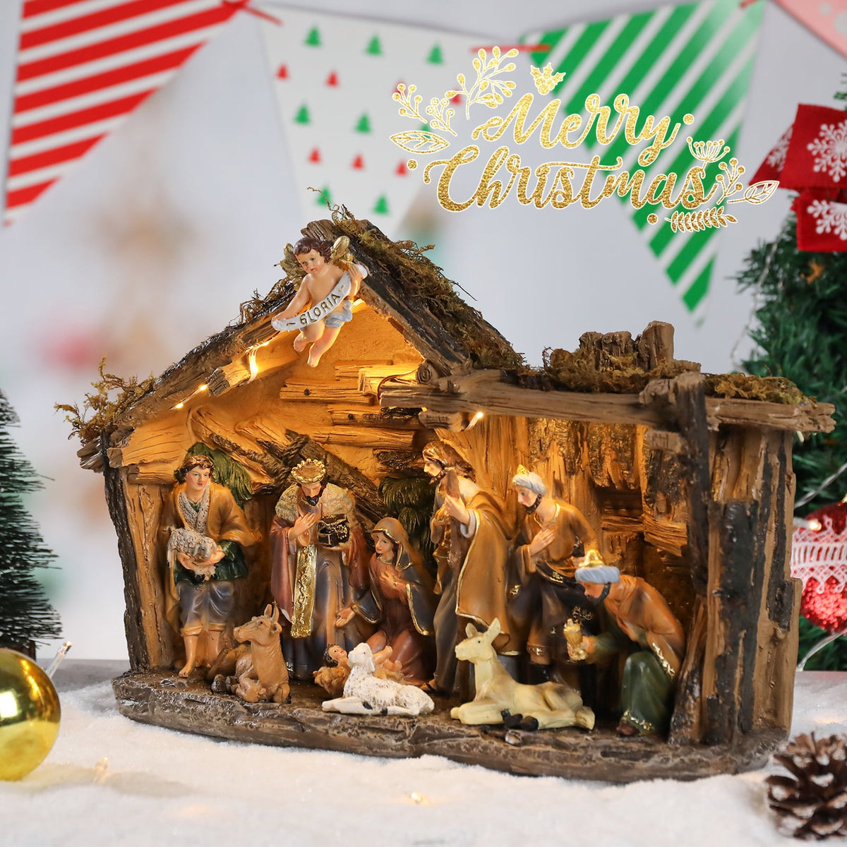 12.5 INCH Wonder Garden Christmas Nativity Set Figurine - Nativity Scene Statue with Moss Stable Village Music Decor