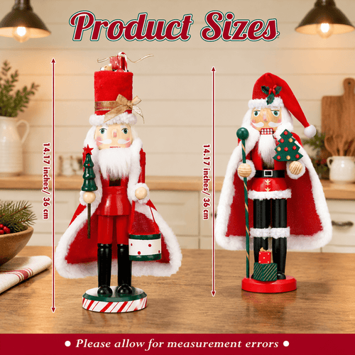 14 Inch Wooden Santa Nutcracker Figures, Set of 2, Red Green White Christmas Decor