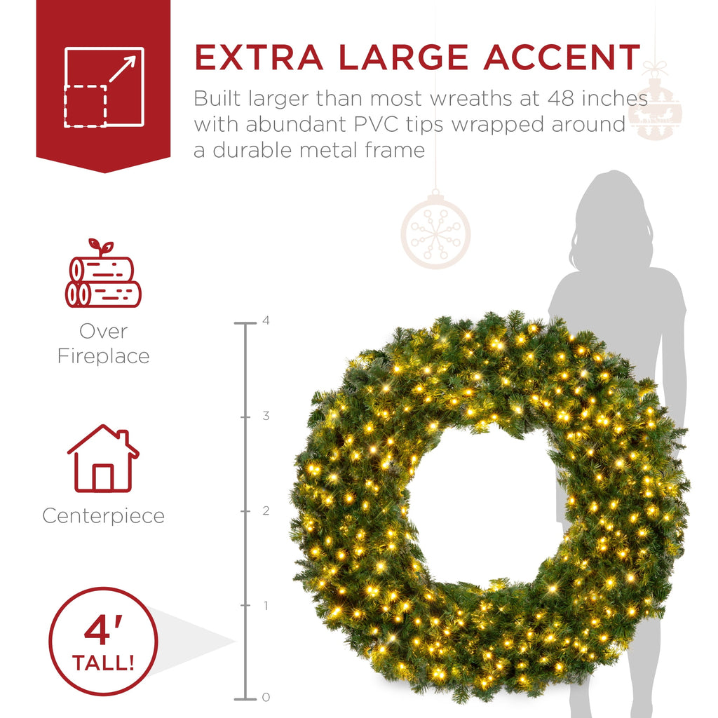 Best Choice Products 48in Artificial Pre-Lit Fir Christmas Wreath Decoration w/ 250 LED Lights, 714 Tips, Power Plug-In