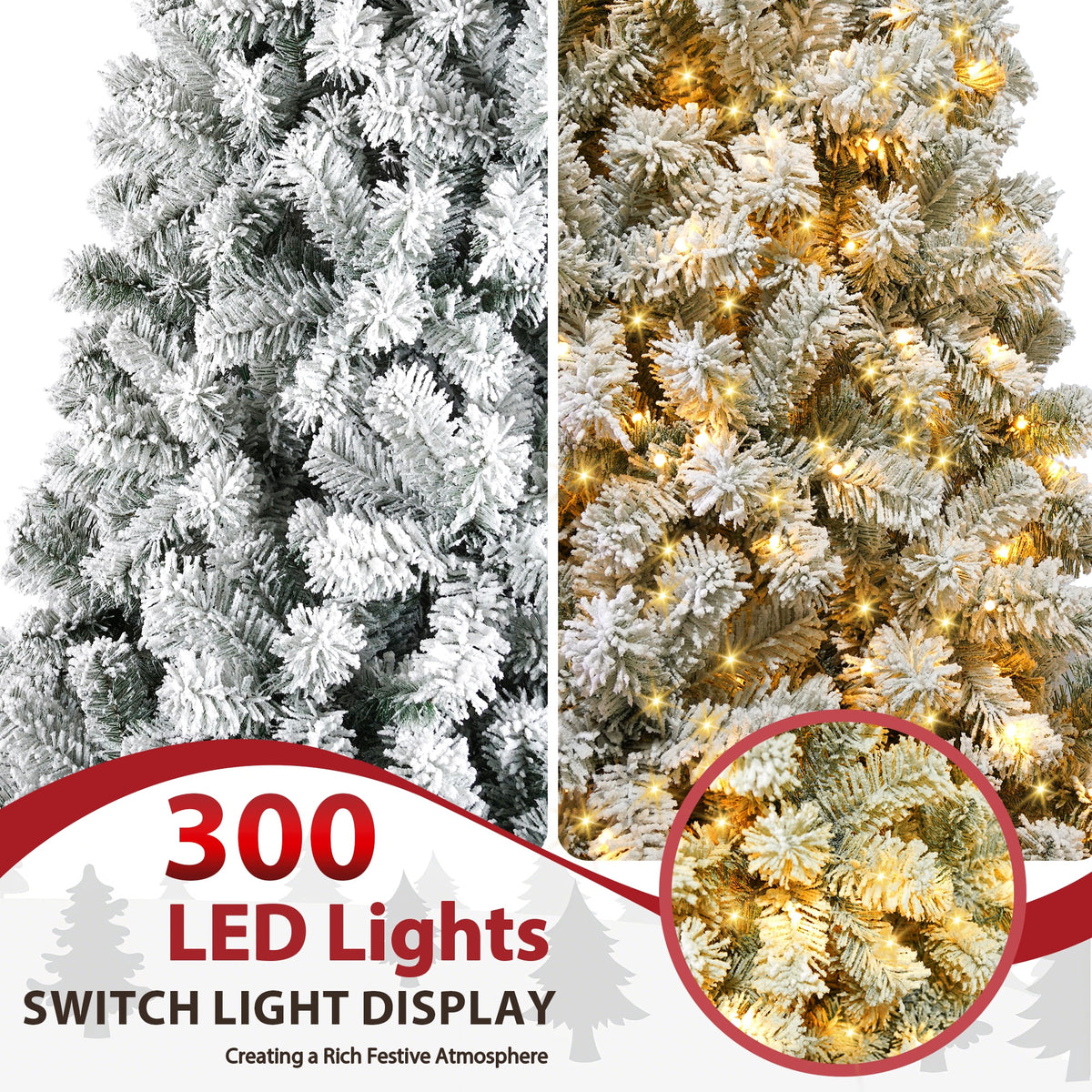 Yexmas 7.5ft Pre-Lit Snowflake Flocked Christmas Tree,8 Modes LED Lights,Artificial Xmas Tree with Storage Bag
