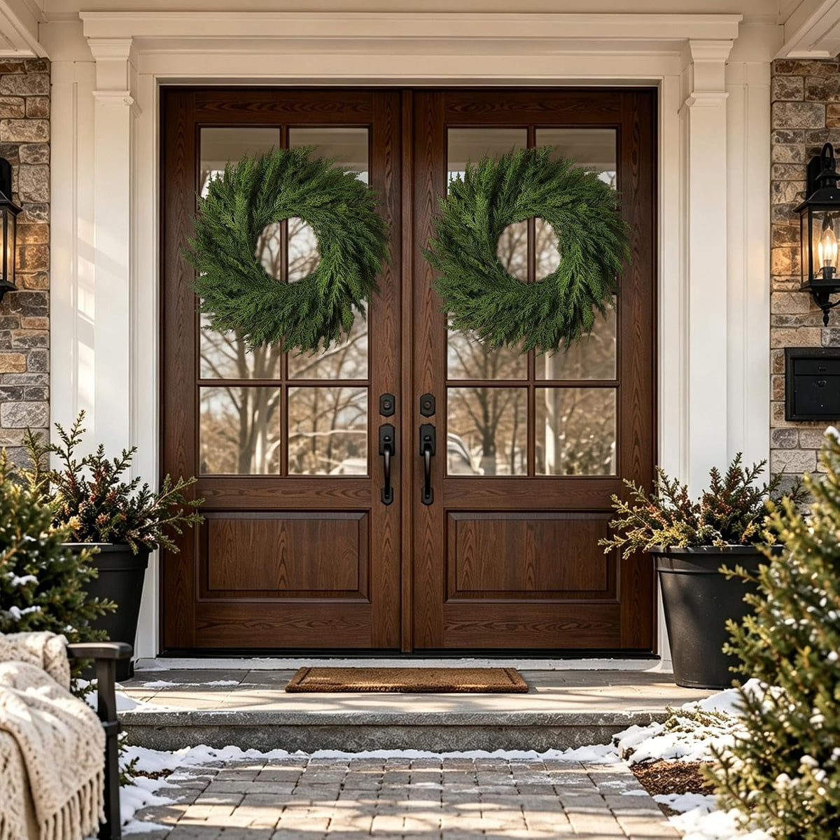 24’’ Real Touch Christmas Wreath, Artificial Cedar Wreath for Door Cedar Wreath,Faux Christmas Wreath for Front Door Wall Windows Porches Indoor Outdoor Christmas Xmas Decorations Winter Decor