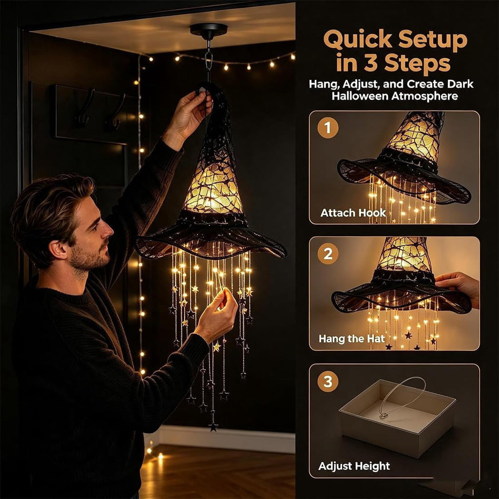 Hanging Witch Hats with Lights - Lighted Black Mesh Witch Hat Chime with Glowing Star Garland for Porch, Tree, Window