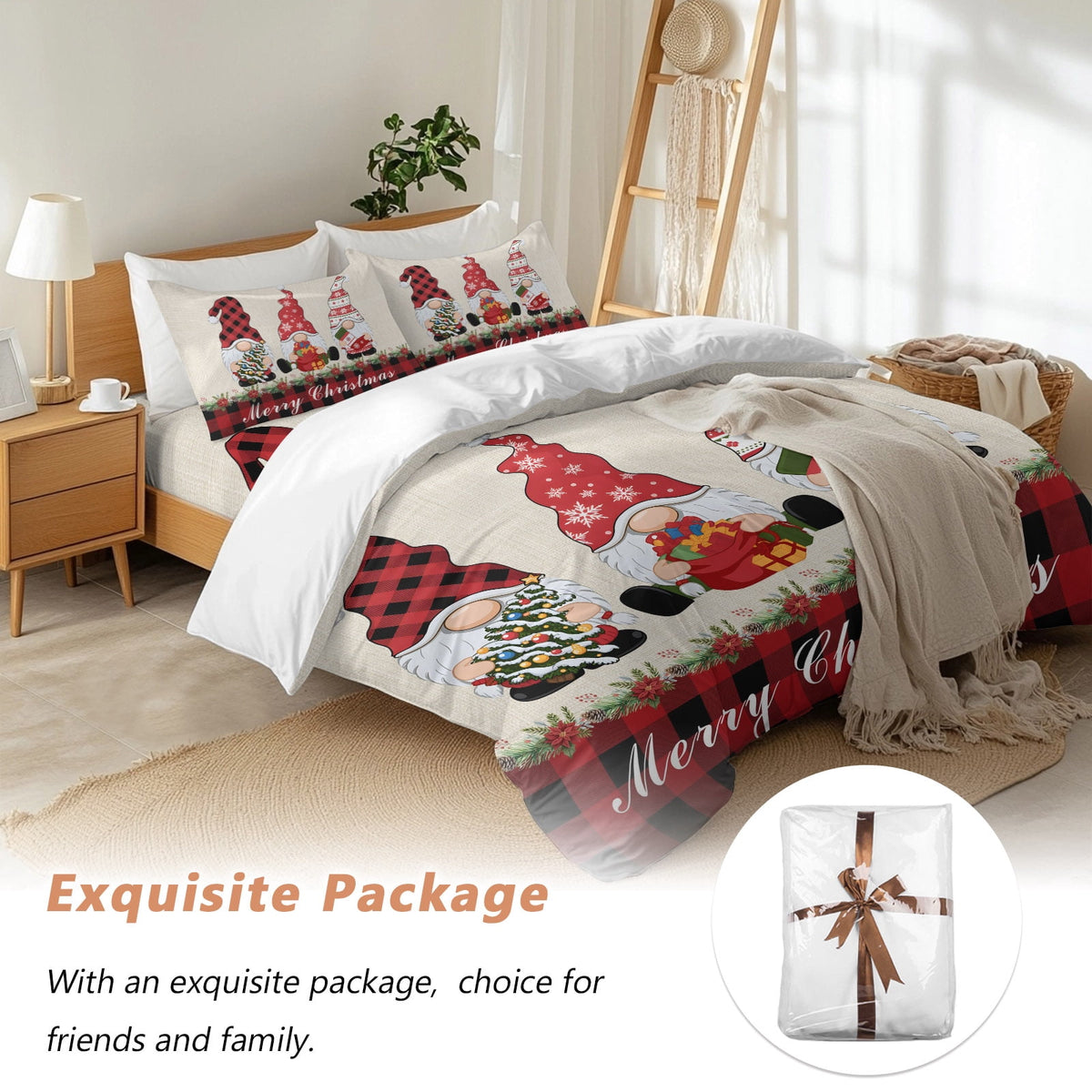 Christmas Dwarfs Bedding Duvet Cover Set Full Size 4 Pieces Winter Hat Gnome Poinsettia Retro Linen Plaid Bedding Set with Zipper Closure,1 Comforter Cover 86x90 Inches 1 Flat Sheet & 2 Pillow Cases