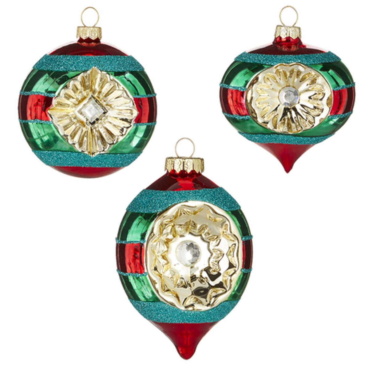 Raz Imports Red and Green Striped Vintage Glass Christmas Ornament 3 Piece Set